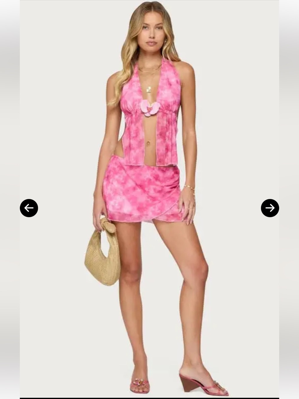 Edikted Tiedye Mesh Split Front Backless Top and mesh layered mini skirt